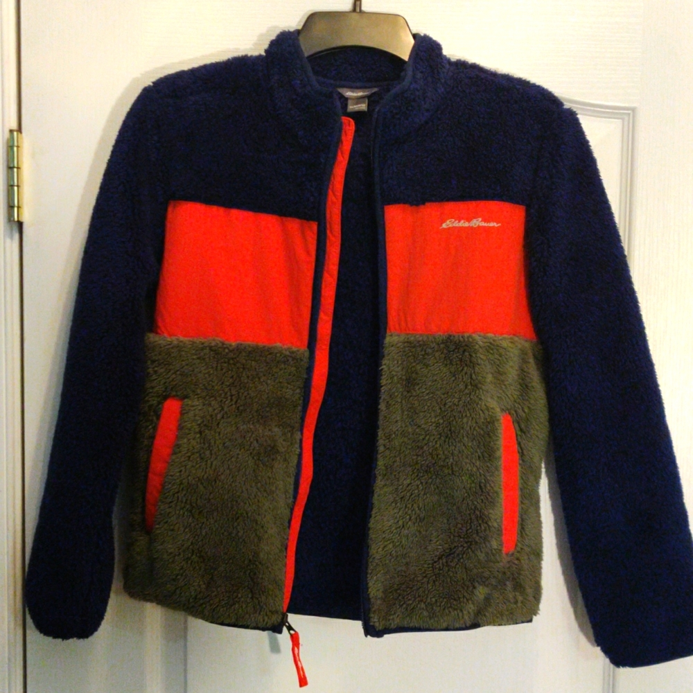 Eddie Bauer Sz.M kids fleeced zip-up Jacket. Colored blue, burnt orange, Olive.